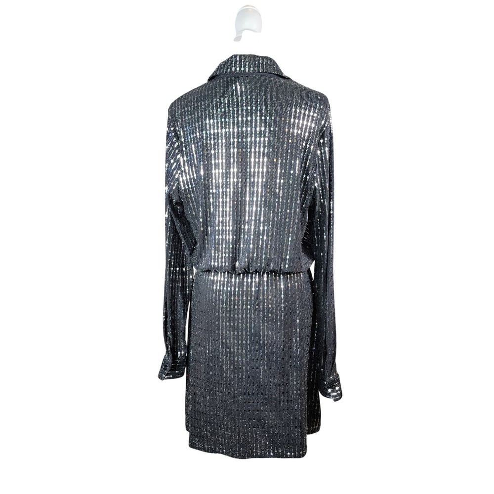 Cider Silver Sequin Metallic Button Up Long Sleeve Mini Dress Black Large - Picture 2 of 12